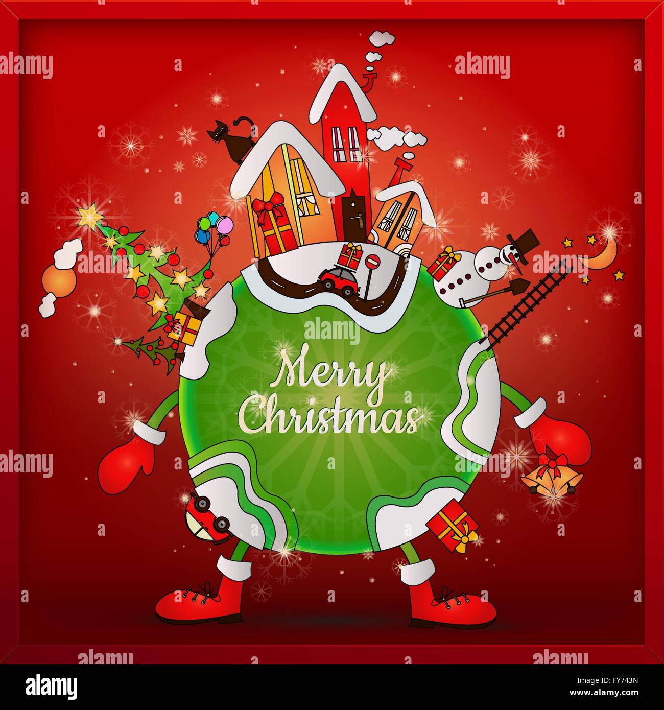 cartoon planet on christmas night in snow fall and star light, with christmas greeting Stock Vector