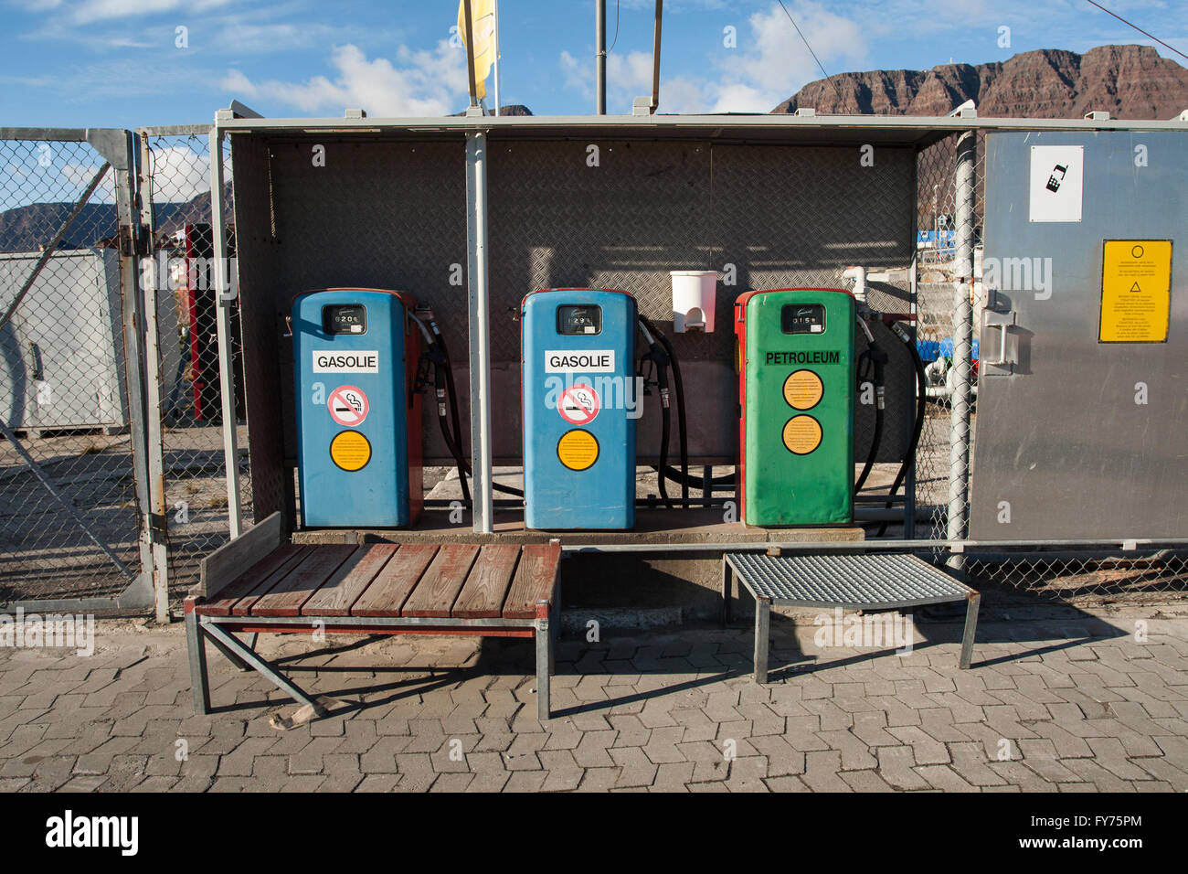 Car filling station, Qeqertarsuaq, Greenland Stock Photo