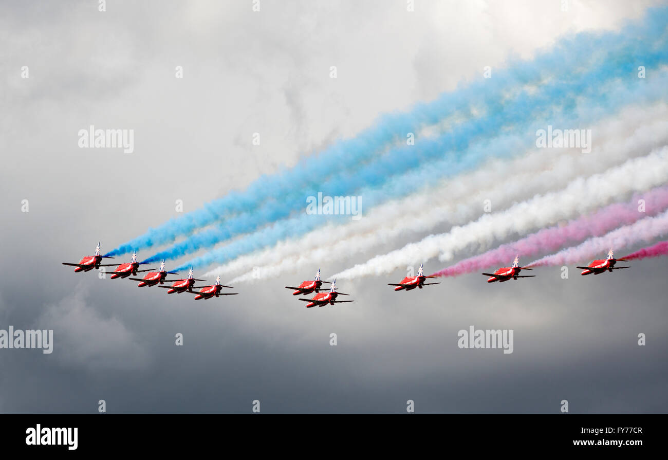 The Red Arrows opens the Red Bull Air Race with a flyby Stock Photo - Alamy
