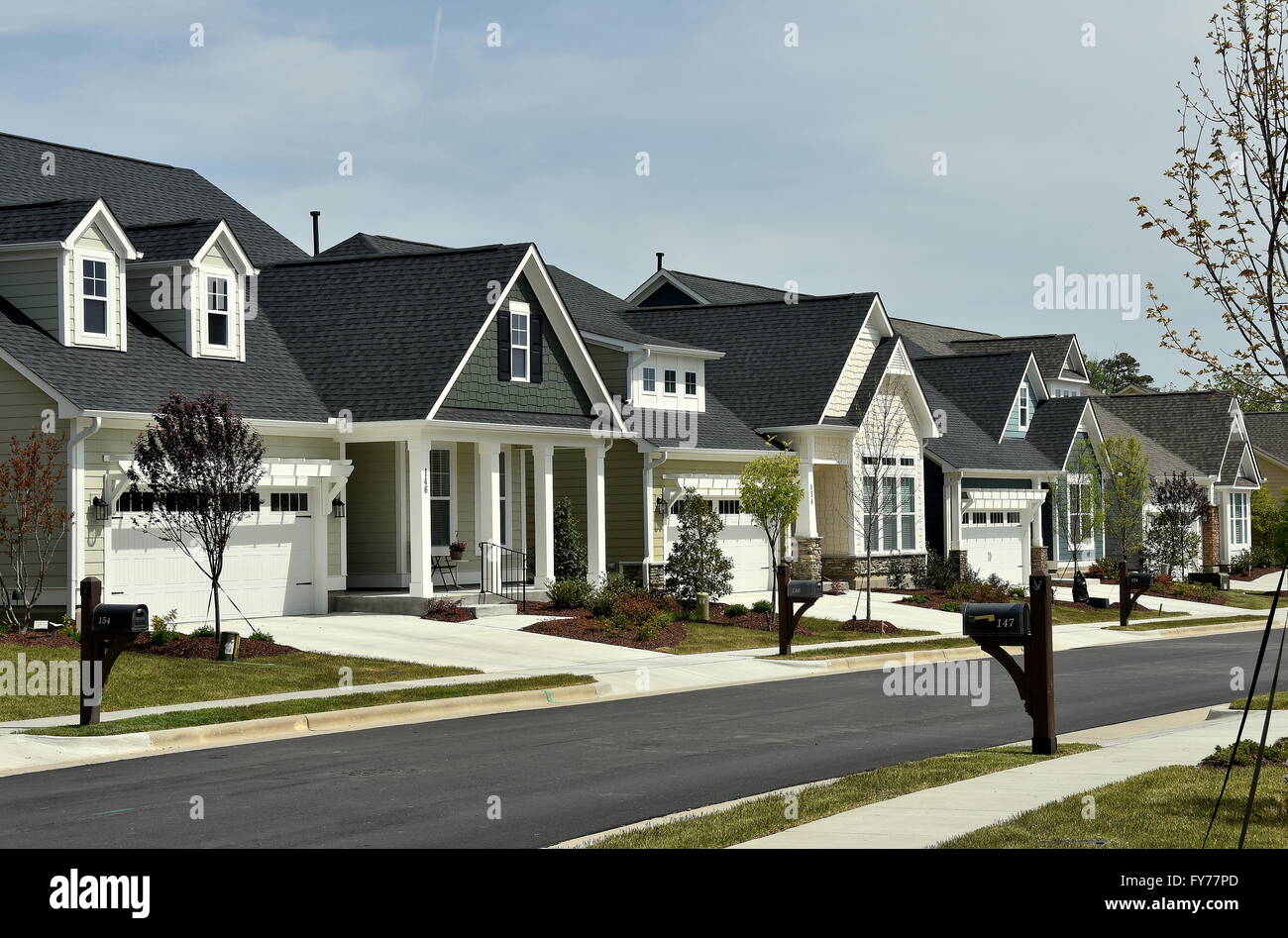 Chapel Hill, North Carolina:  Newly built contemporary homes line a street at the Briar Chapel residential Village Stock Photo