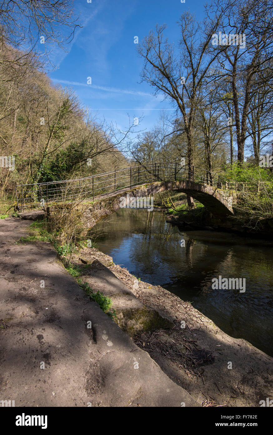 The old packhorse bridge over the river Goyt near Marple, Greater Manchester on a sunny spring day. Stock Photo