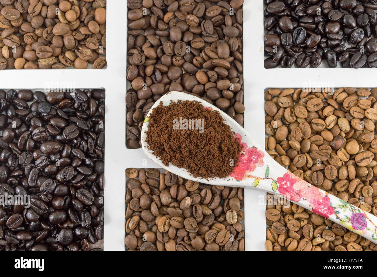 different types of coffee grains in white container shot flat Stock Photo