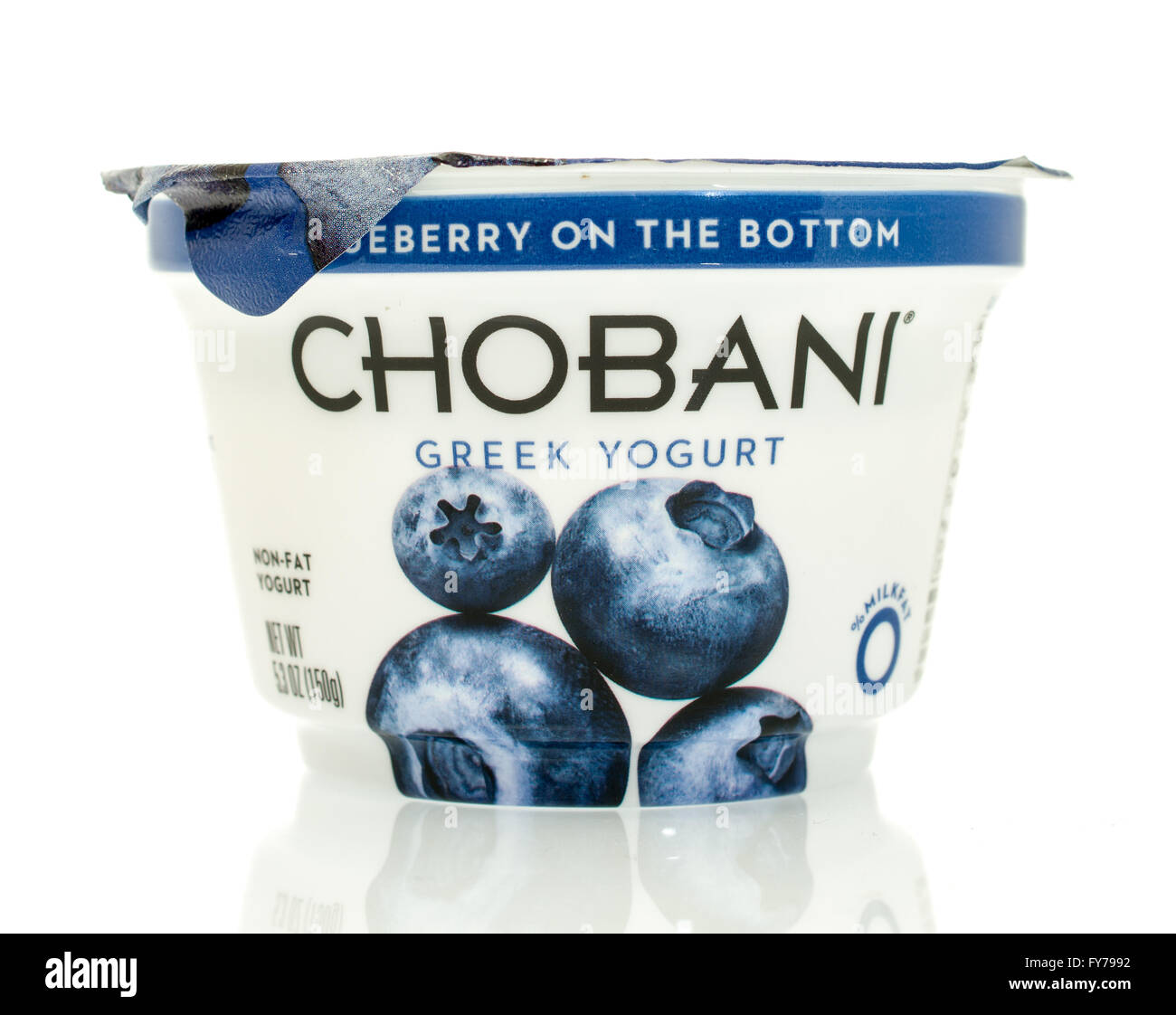 Winneconne, WI 17 Jan 2016 Container of Chobani Greek yogurt in blueberry flavor Stock Photo