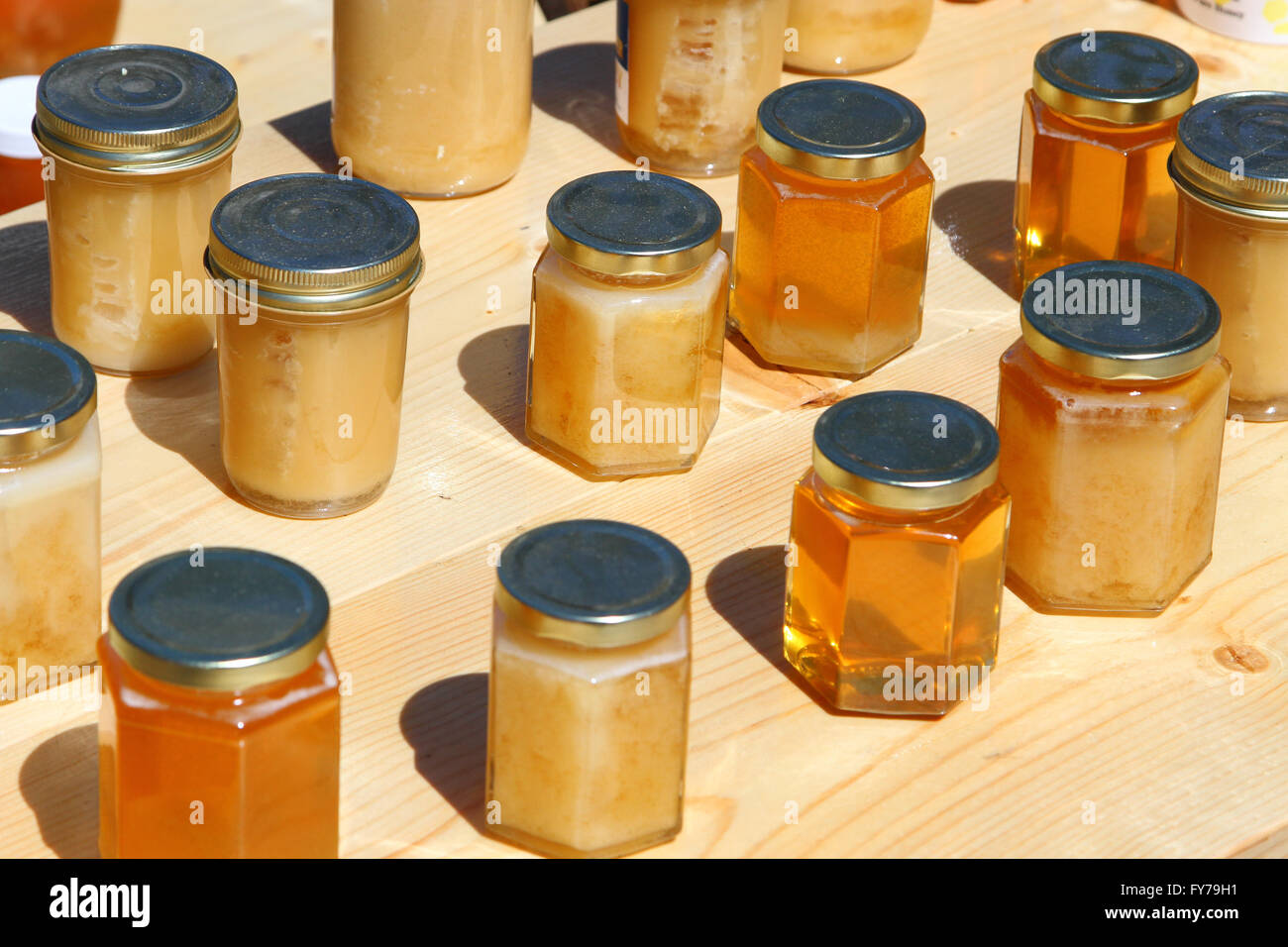 Honey jars on Madison Farmers market, WI. Stock Photo