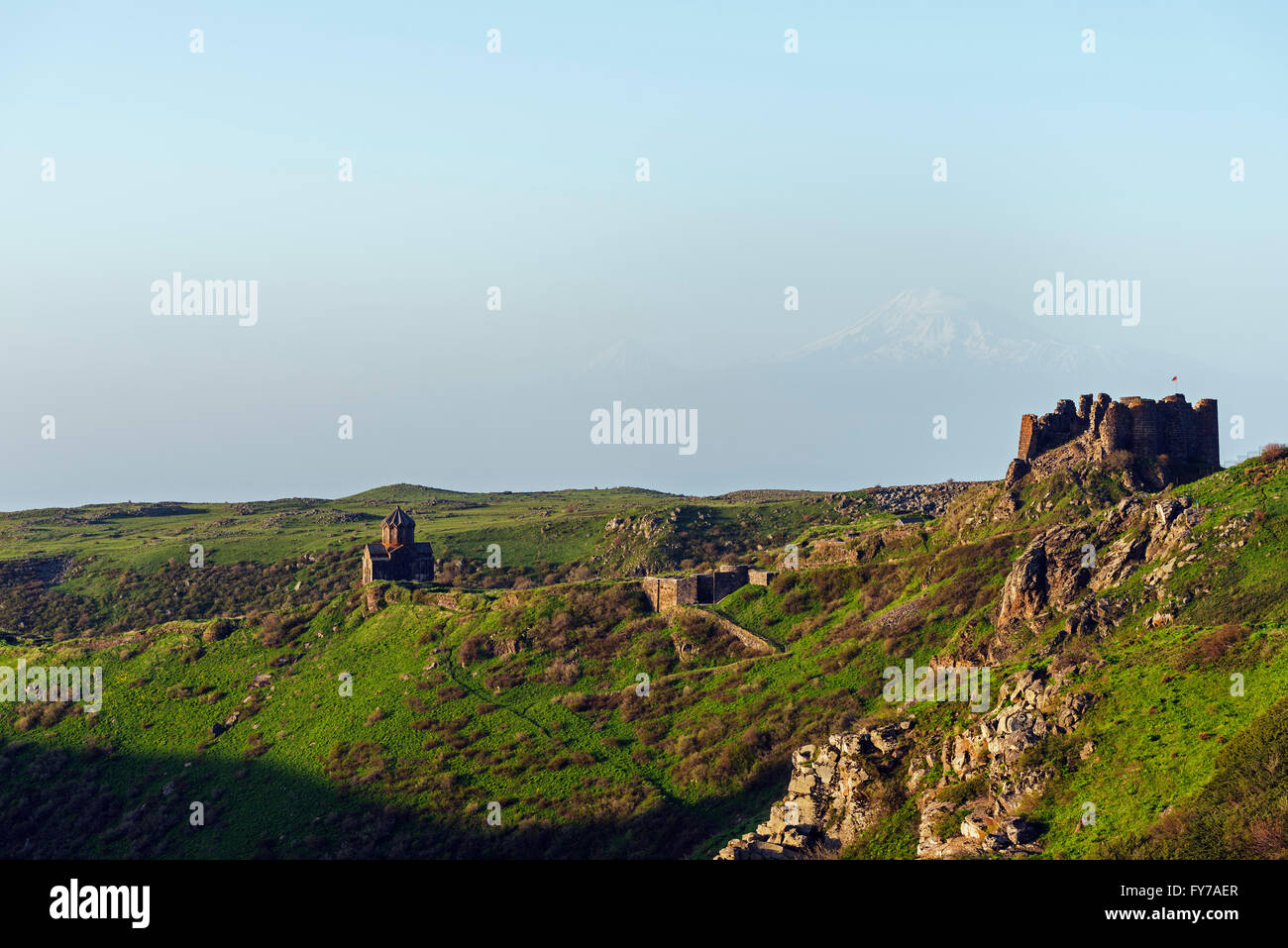 Eurasia, Caucasus region, Armenia, Aragatsotn province, Amberd 7th century fortress on Mt Aragats, Mt Aratat (5137m) in Turkey Stock Photo