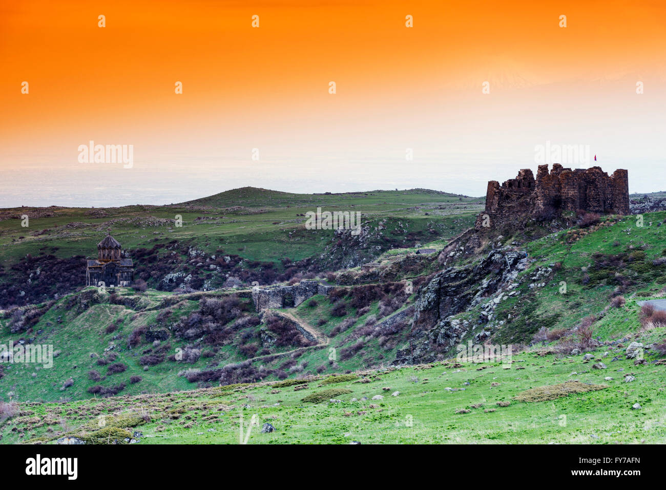 Eurasia, Caucasus region, Armenia, Aragatsotn province, Amberd 7th century fortress on Mt Aragats, Mt Aratat (5137m) in Turkey Stock Photo