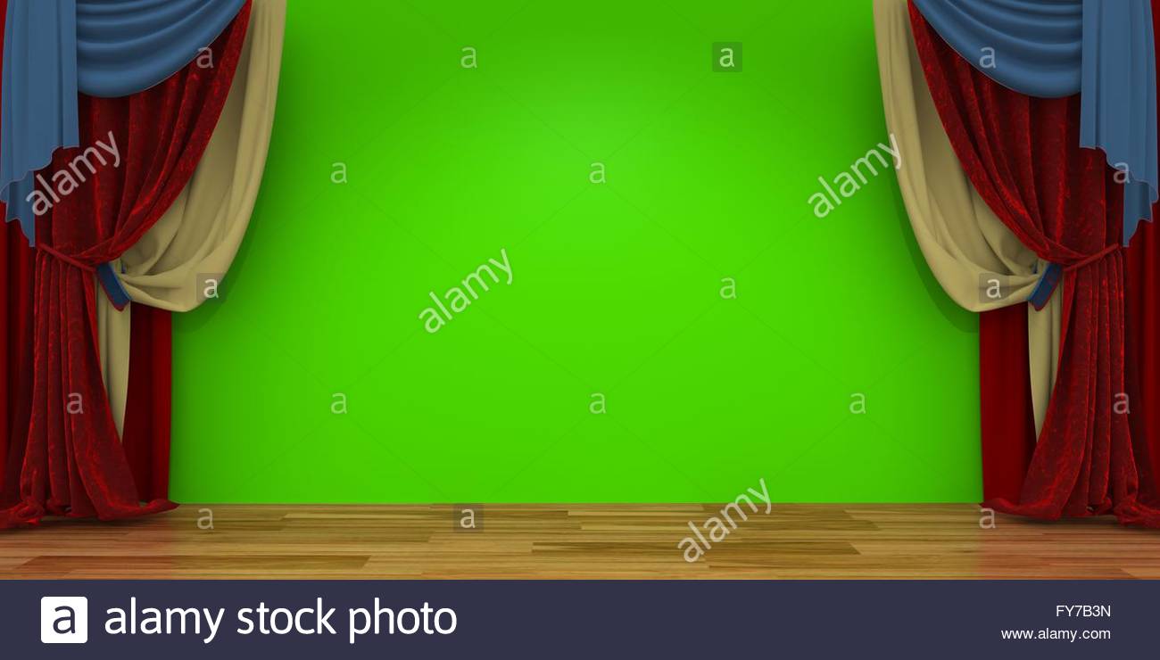 3d Theater Scene Set With Red Velvet Curtains And Green Screen