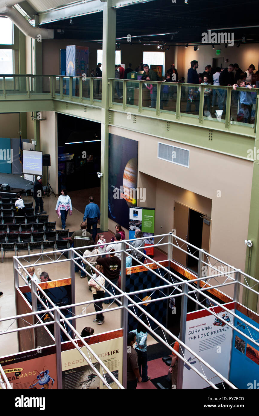 Interior learning and exhibit space of the McAuliffe-Shepard Discovery Center at Concord New Hampshire. Stock Photo