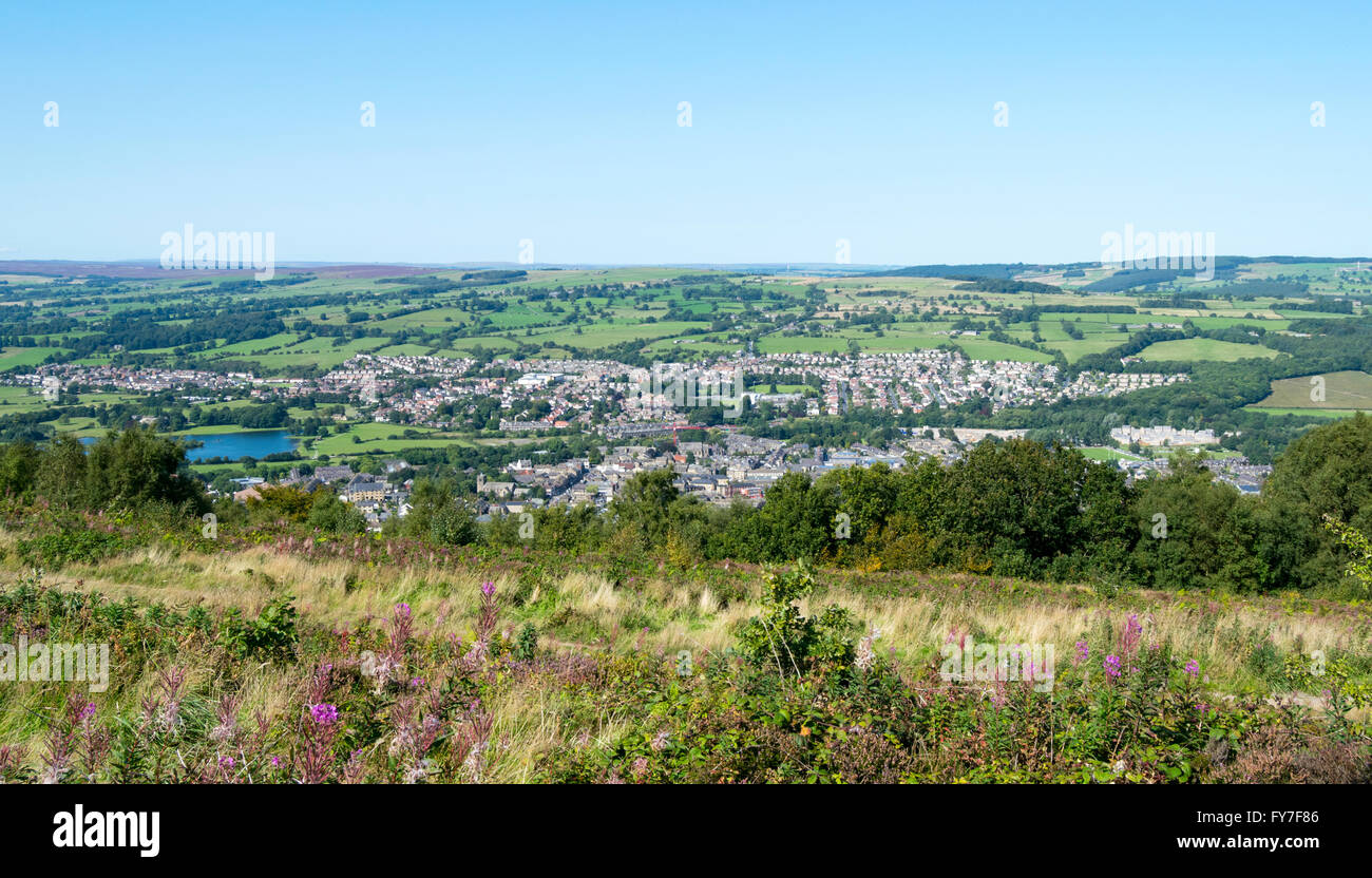 A view of Otley from a hilltop in Otley Chevin Forest park, West Yorkshire, UK. Stock Photo