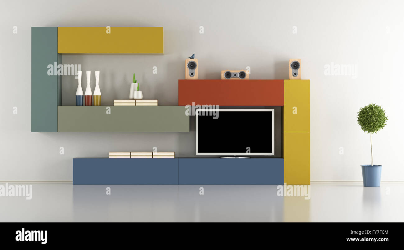 Minimalist living room with colorful wall unit with television set - 3d rendering Stock Photo