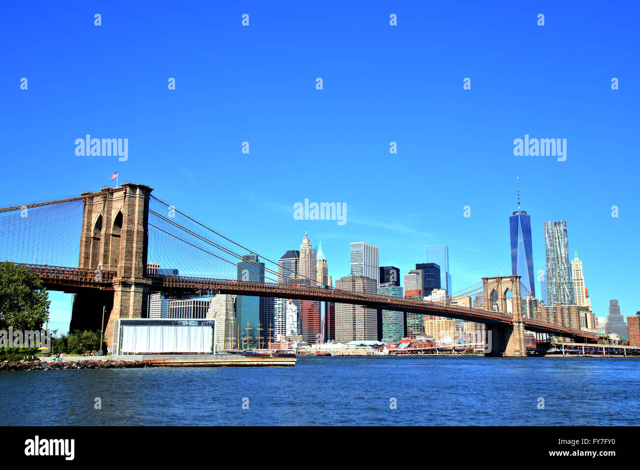 View of New York City Downtown Skyline with Brooklyn Bridge Stock Photo ...