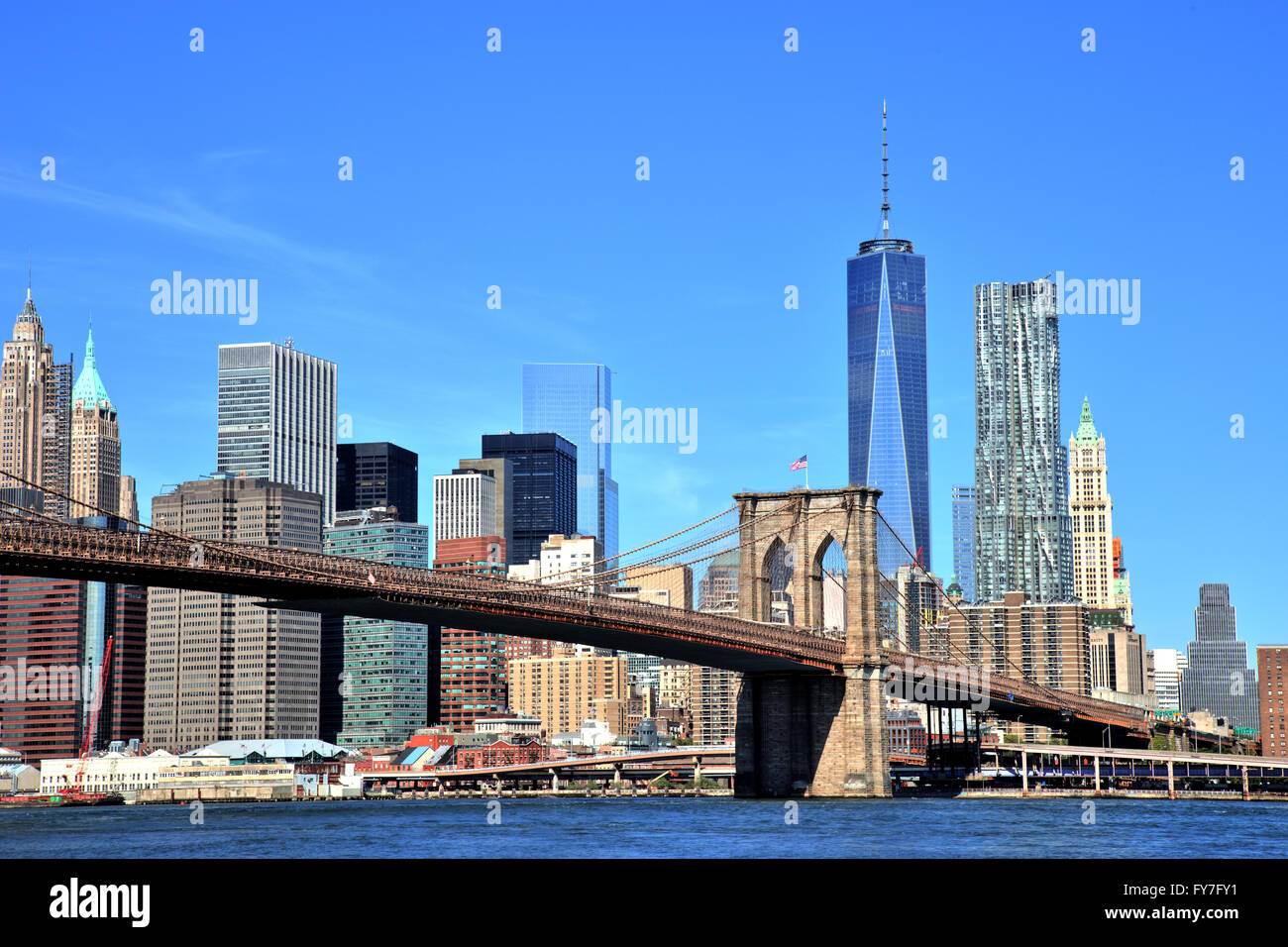 View of New York City Downtown Skyline with Brooklyn Bridge Stock Photo ...