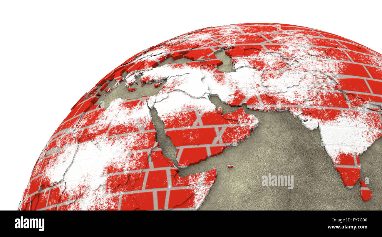 Middle East region on brick wall model of planet Earth with continents ...
