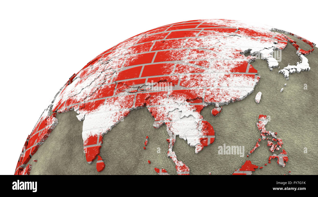 Southeast Asia on brick wall model of planet Earth with continents made ...