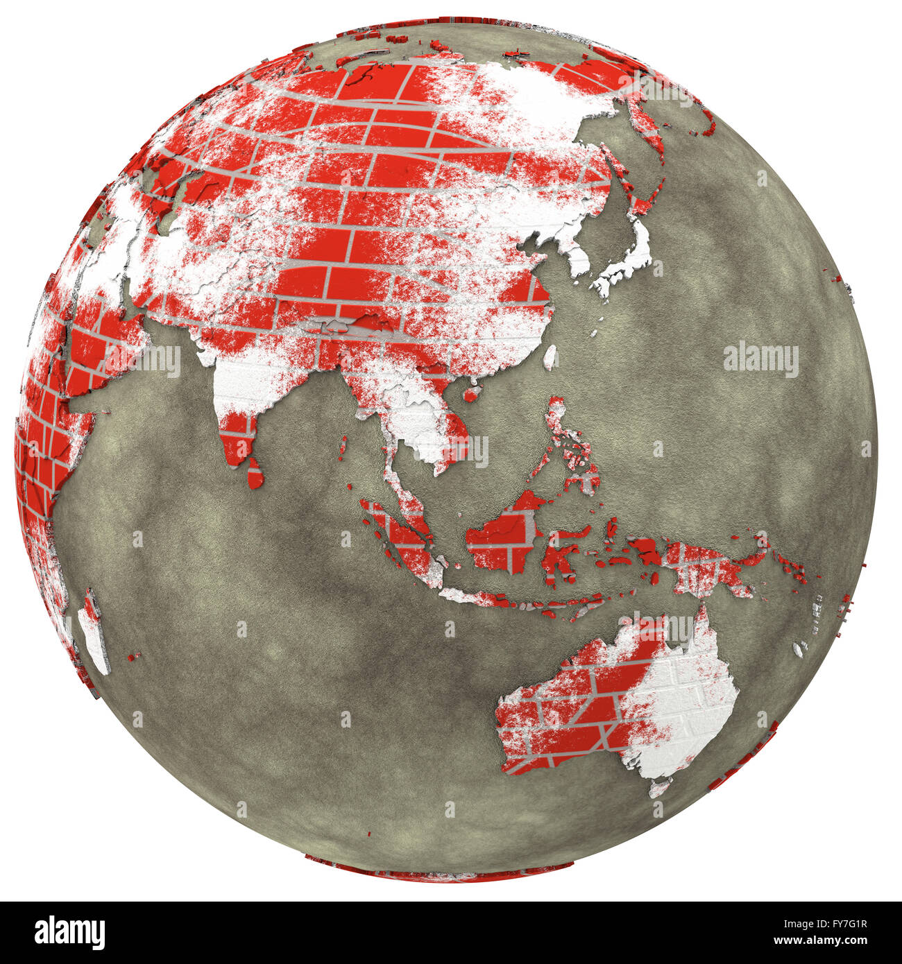 Southeast Asia on brick wall model of planet Earth with continents made ...
