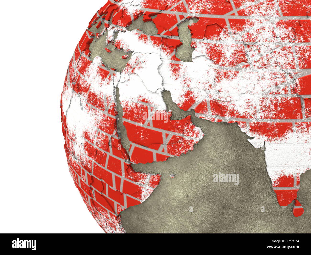 Middle East region on brick wall model of planet Earth with continents ...