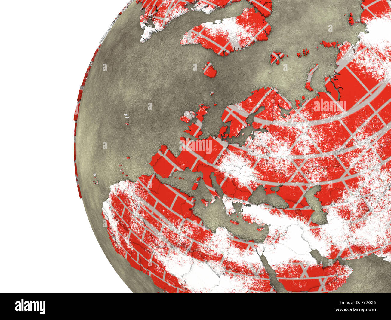 Europe on brick wall model of planet Earth with continents made of red ...
