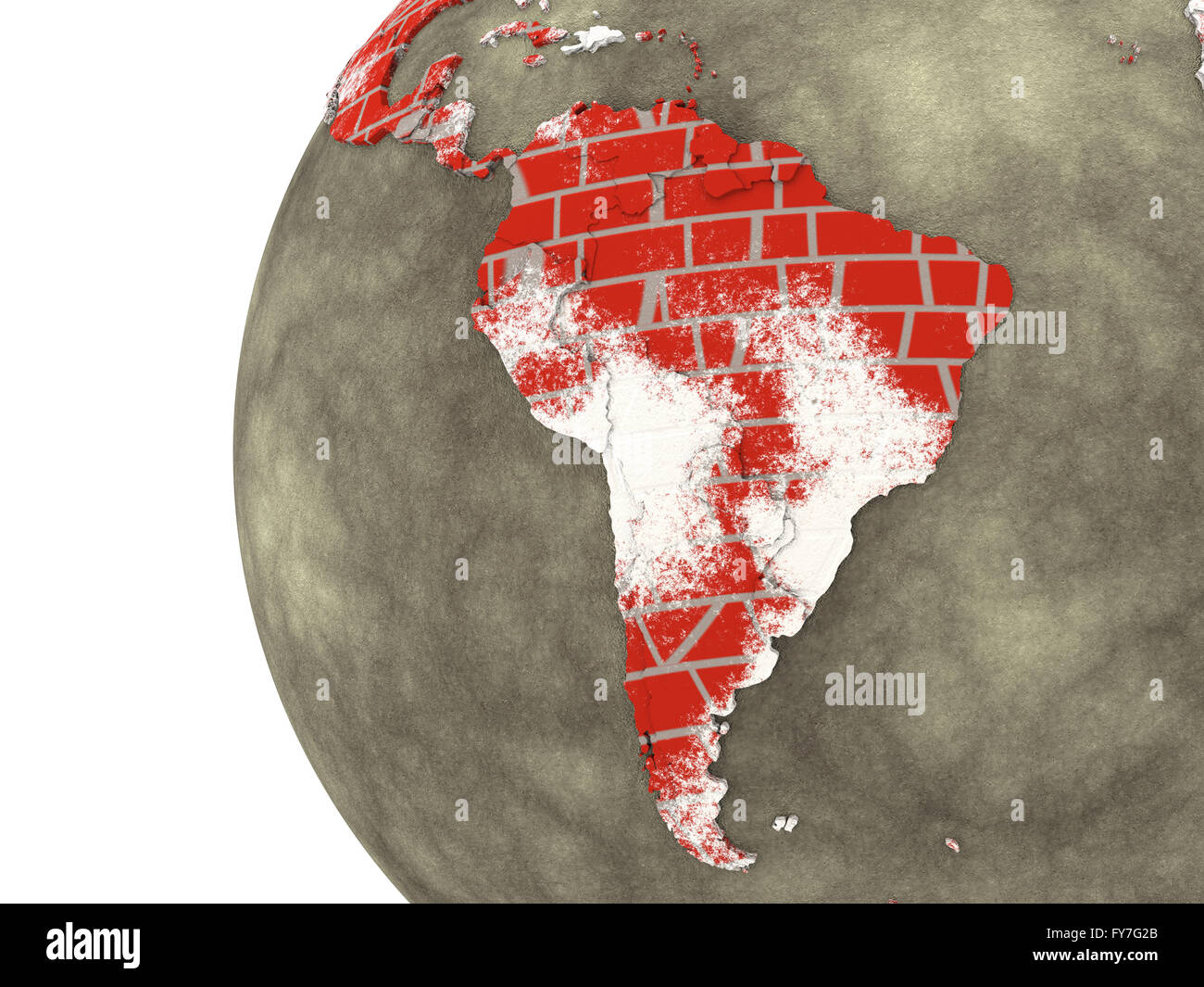 South America on brick wall model of planet Earth with continents made ...