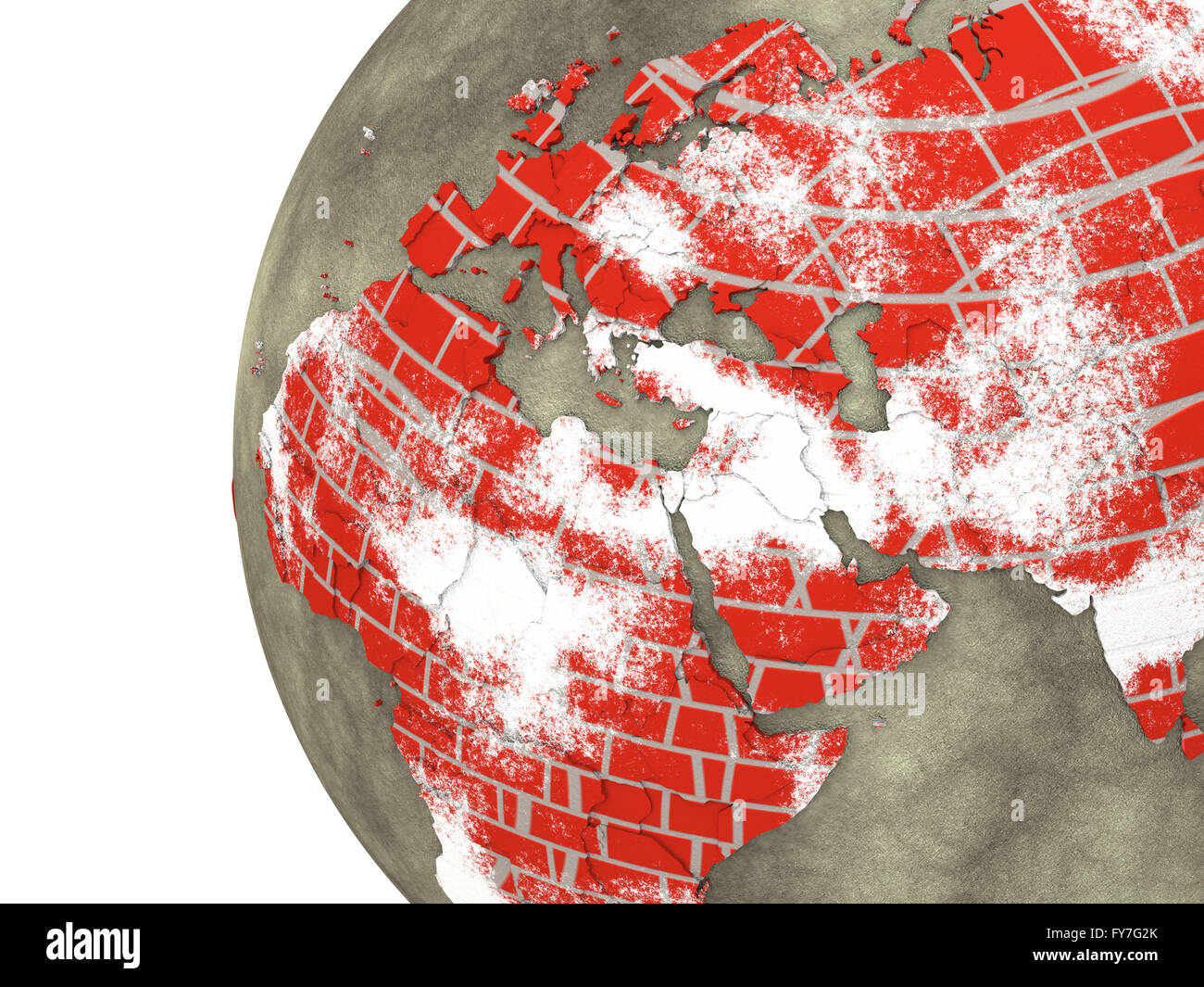 Middle East region on brick wall model of planet Earth with continents ...