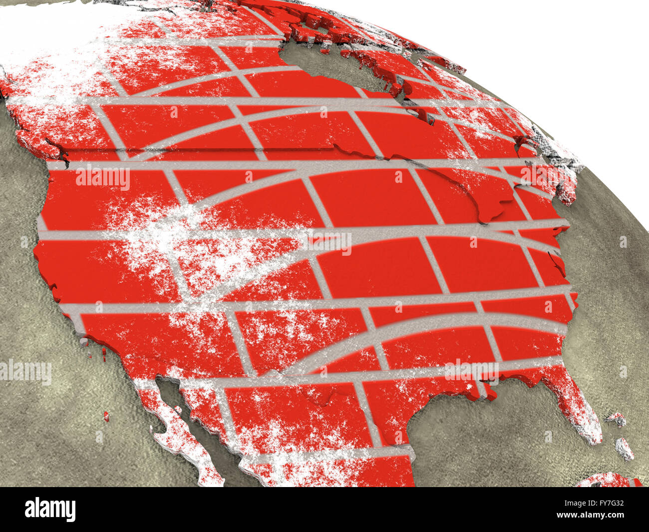 USA on brick wall model of planet Earth with continents made of red ...