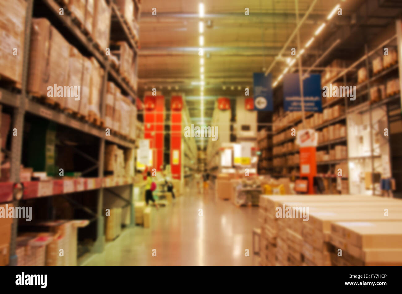 Rows of shelves with cardboard boxes on modern warehouse in store Stock ...