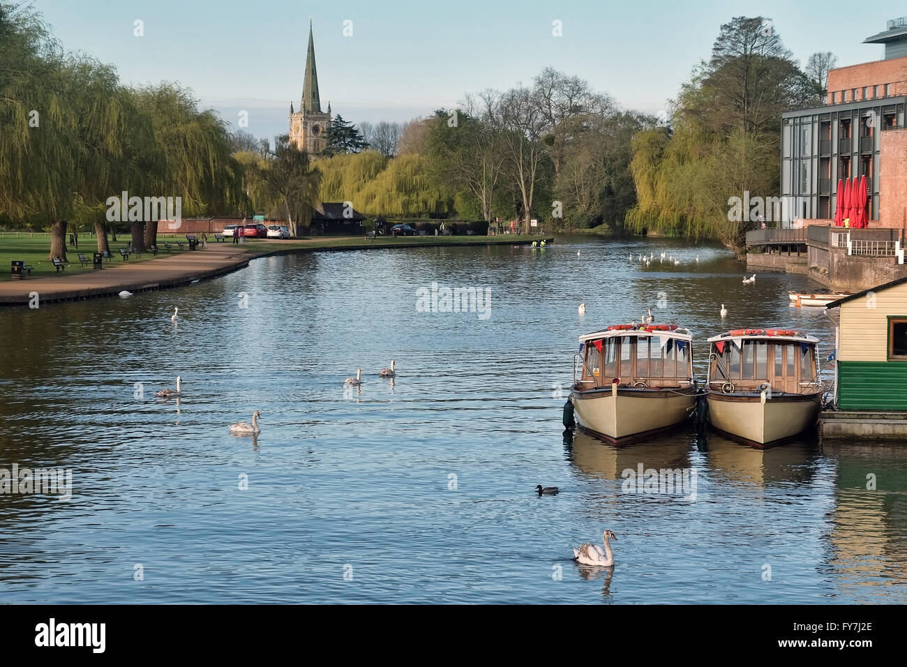 General view of the River Avon, the RSC  theatre and Holy Trinity Church at Stratford-upon-Avon, Warwickshire, England, UK. Stock Photo