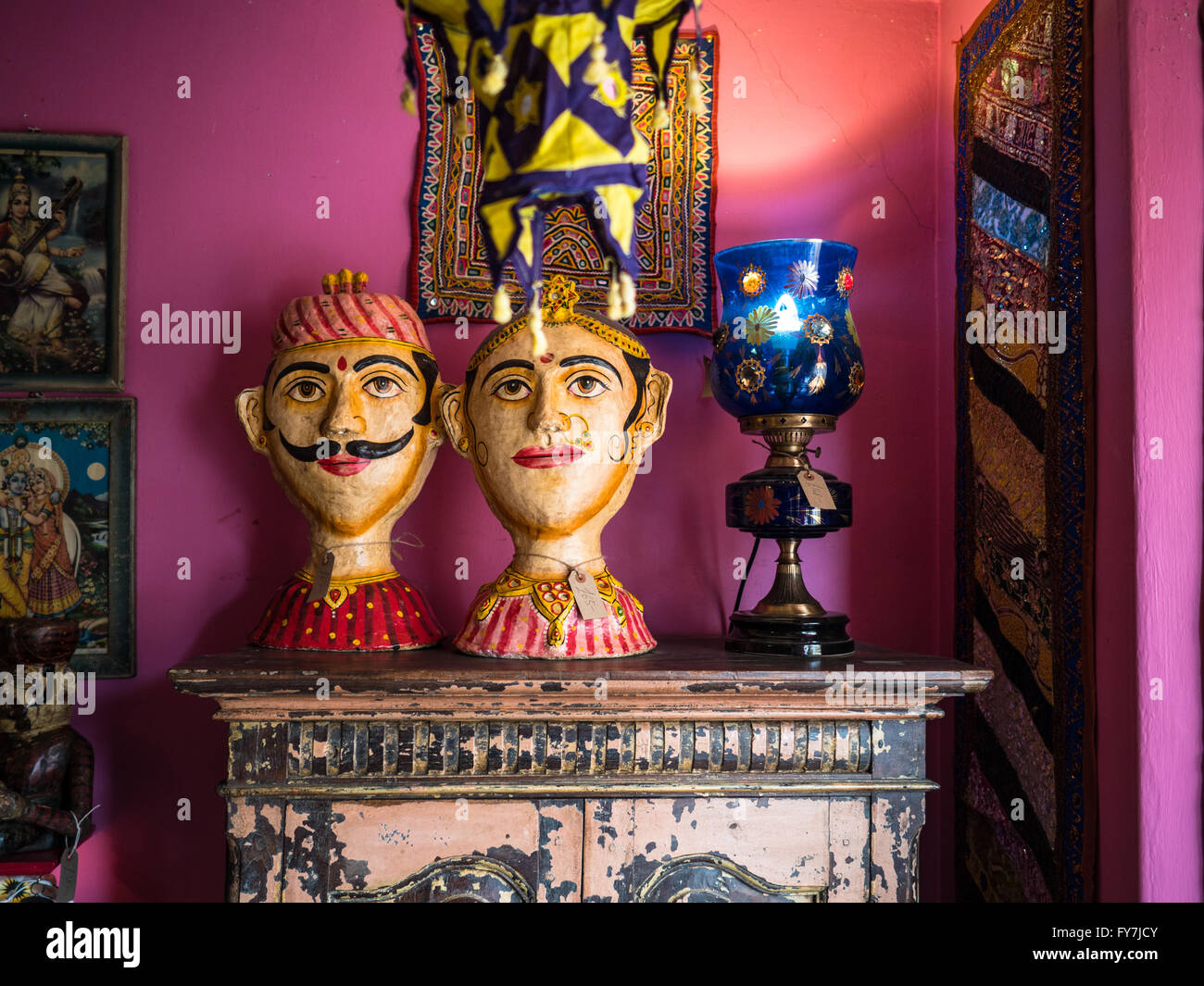 Items for sale in a shop in Glastonbury. With an Indian, Hindu flavour Stock Photo
