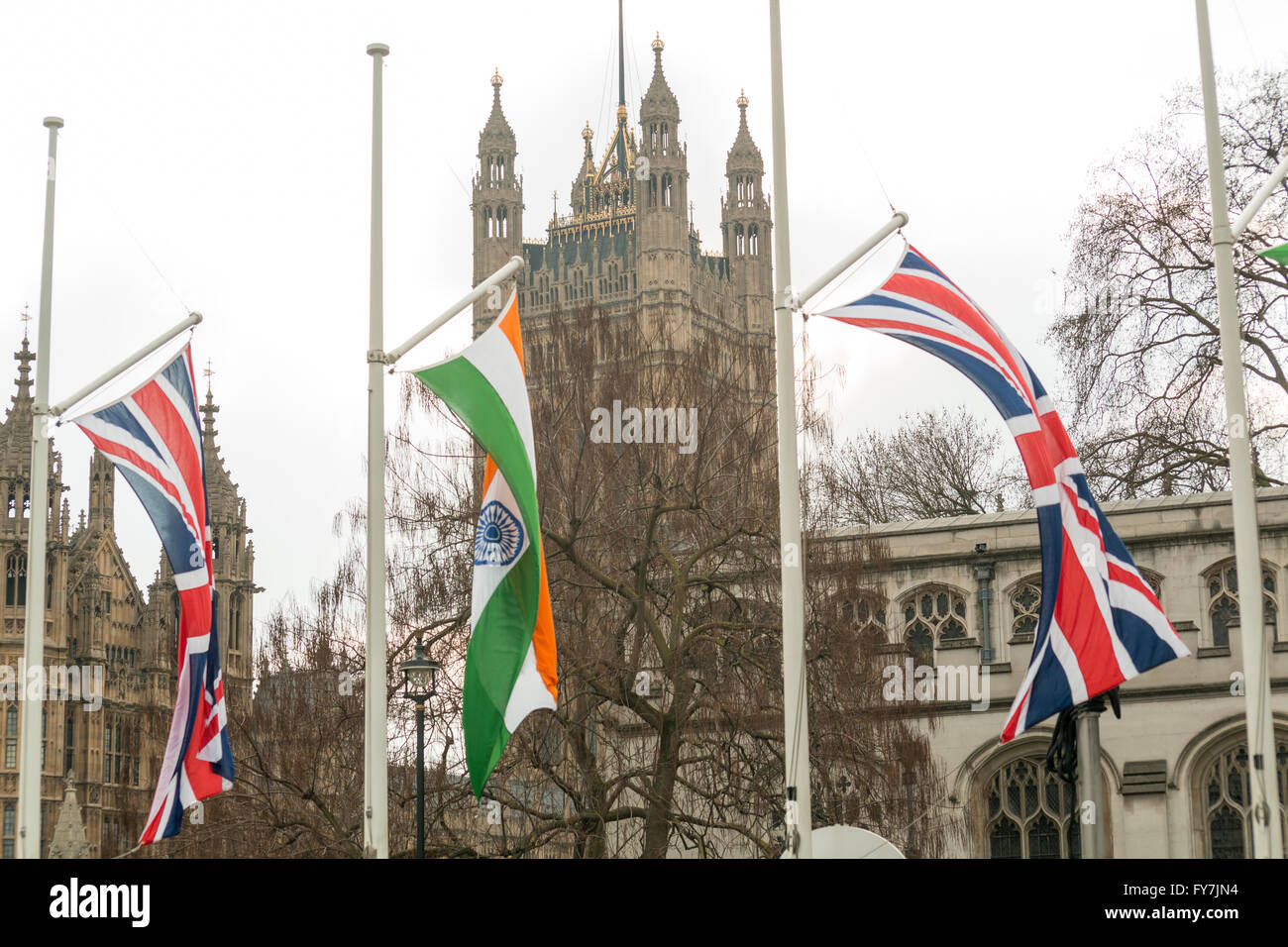 The Indian flag stands near the Union Jack before the unveiling of the Gandhi statue Stock Photo