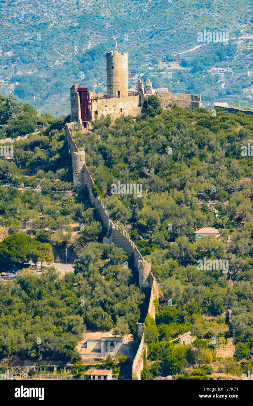 Castle Monte Ursino on the hills of Noli Stock Photo