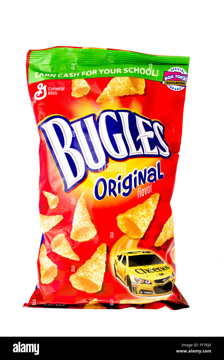 Winneconne, WI, 9 April 2015:  Bag of Bugles  which is owned by General Mills. Stock Photo