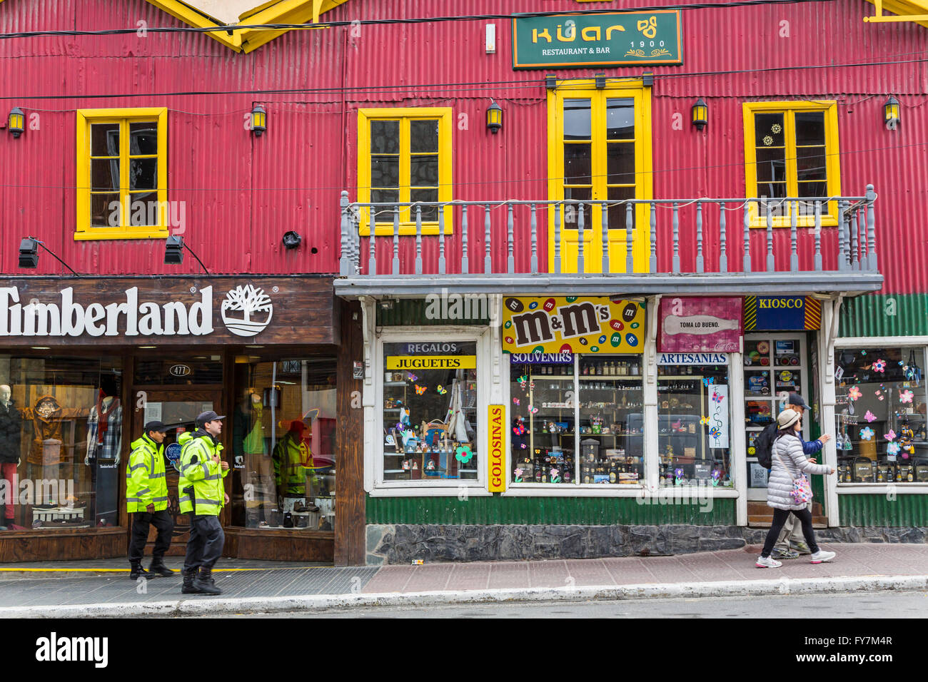 Shops stores and restaurants in downtown Ushuaia, Argentina, South America. Stock Photo