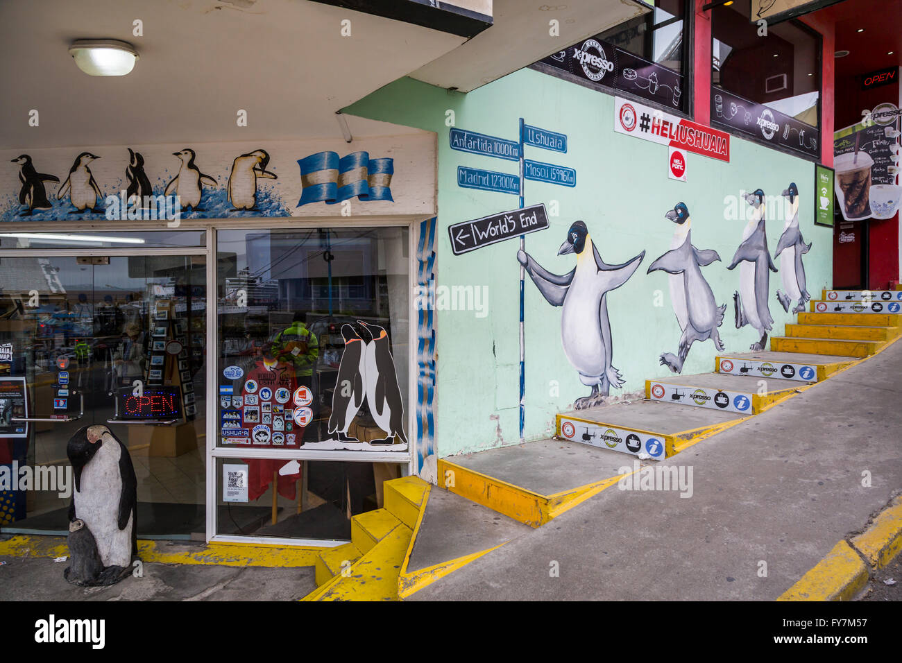 Shops stores and restaurants in downtown Ushuaia, Argentina, South