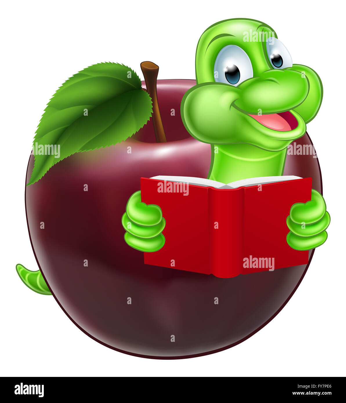 A happy cute cartoon caterpillar bookworm worm or catepillar reading a book and coming out of an apple Stock Photo
