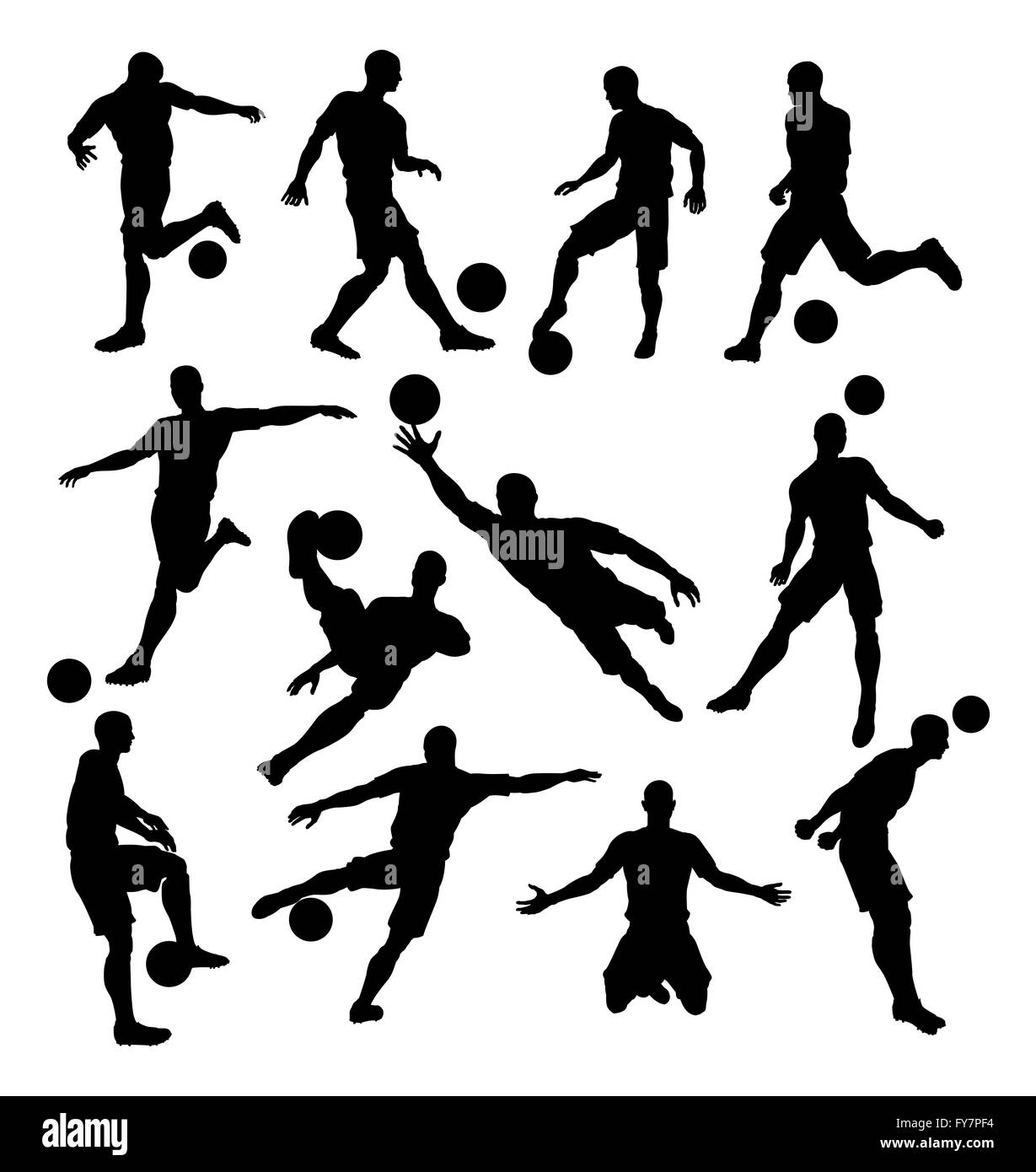 A set of Soccer Player Silhouettes in lots of different poses Stock Photo