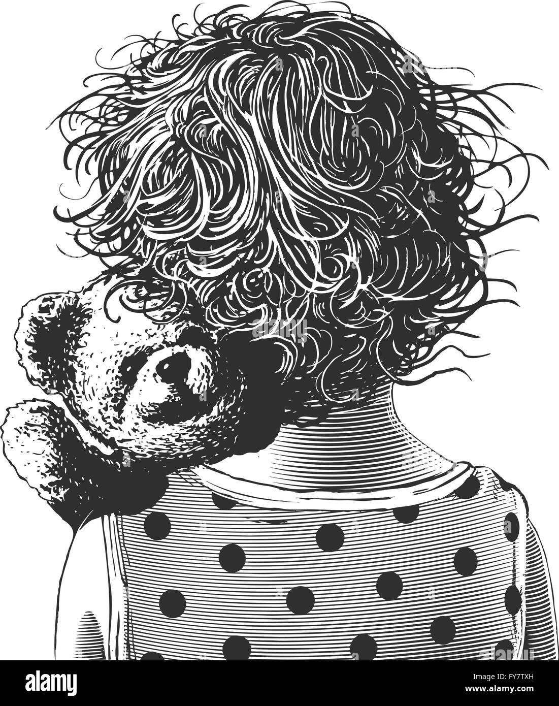 Little girl with teddy bear in engraving style Stock Vector