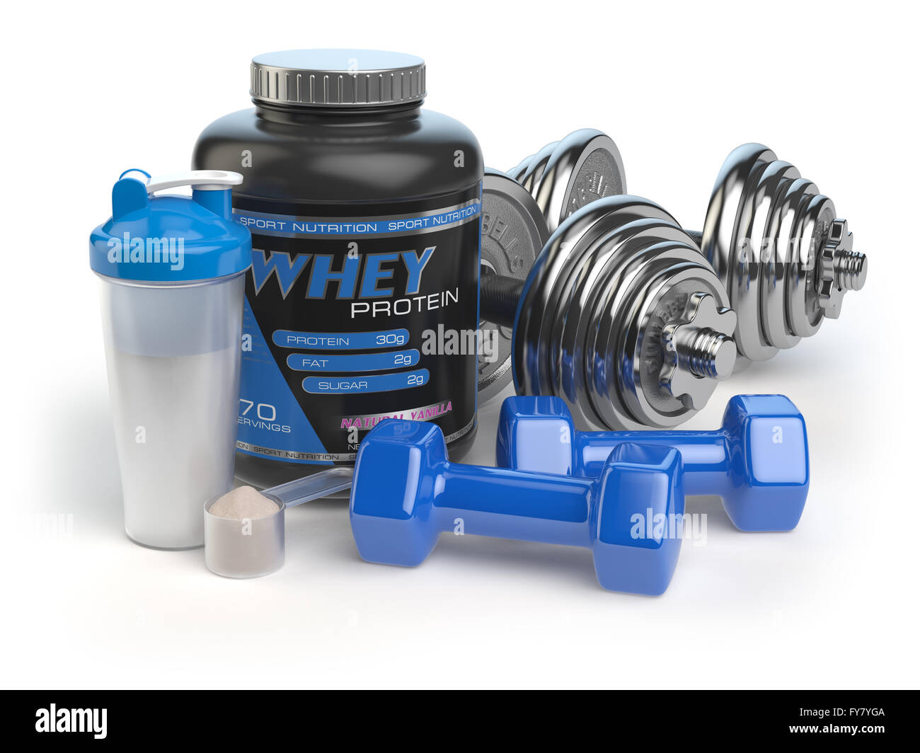 Whey protein with dumbbells and shaker. Sports bodybuilding supplements