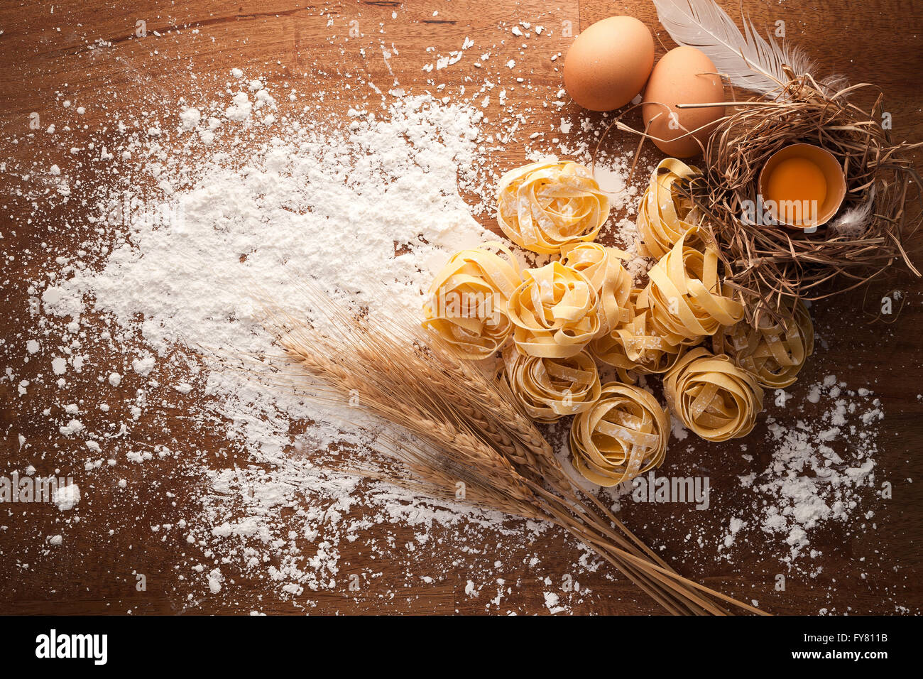 fettuccine pasta italian food still life rustic flat lay wood