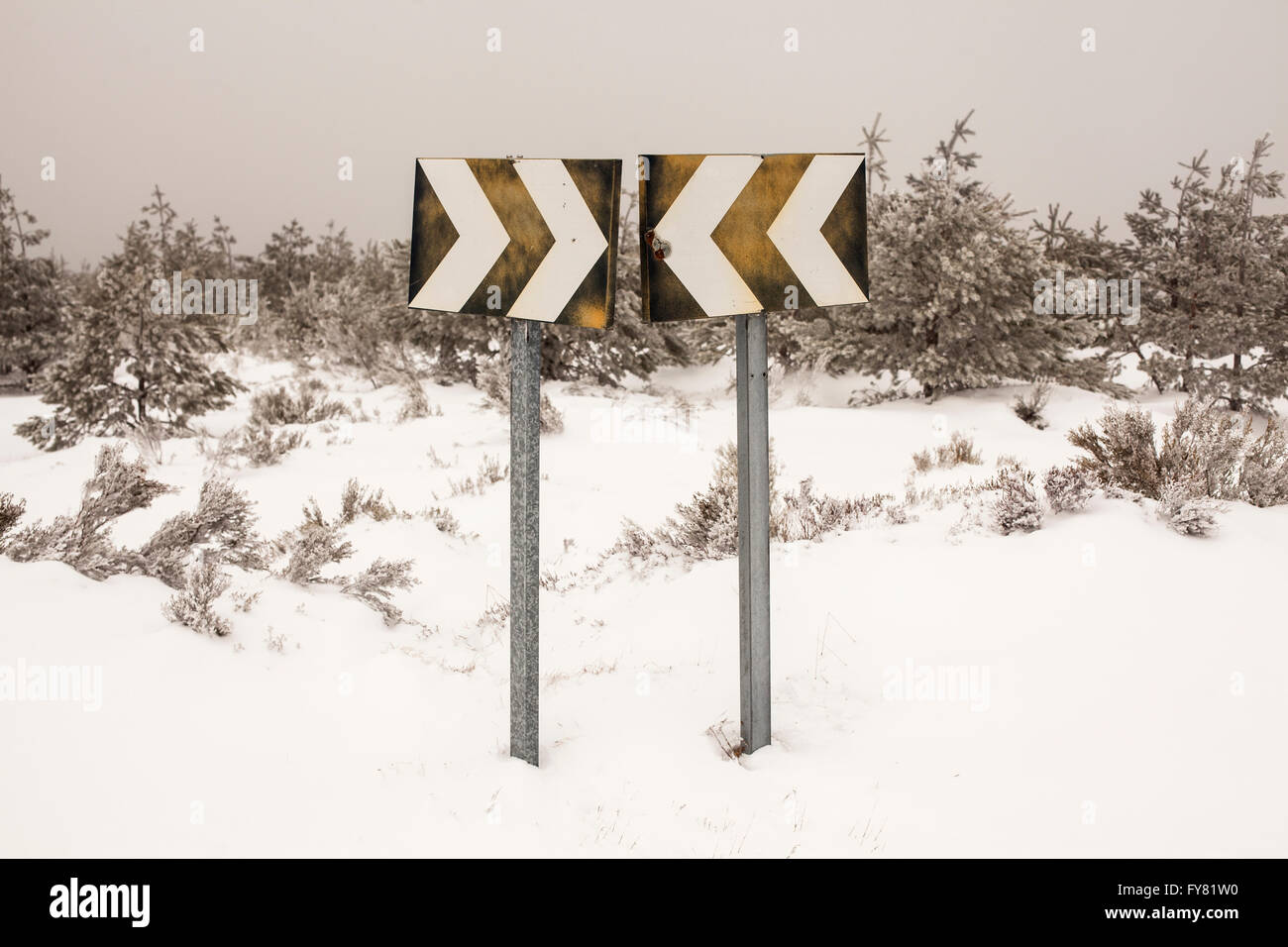 double traffic signal in a snowed mountain landscape Stock Photo