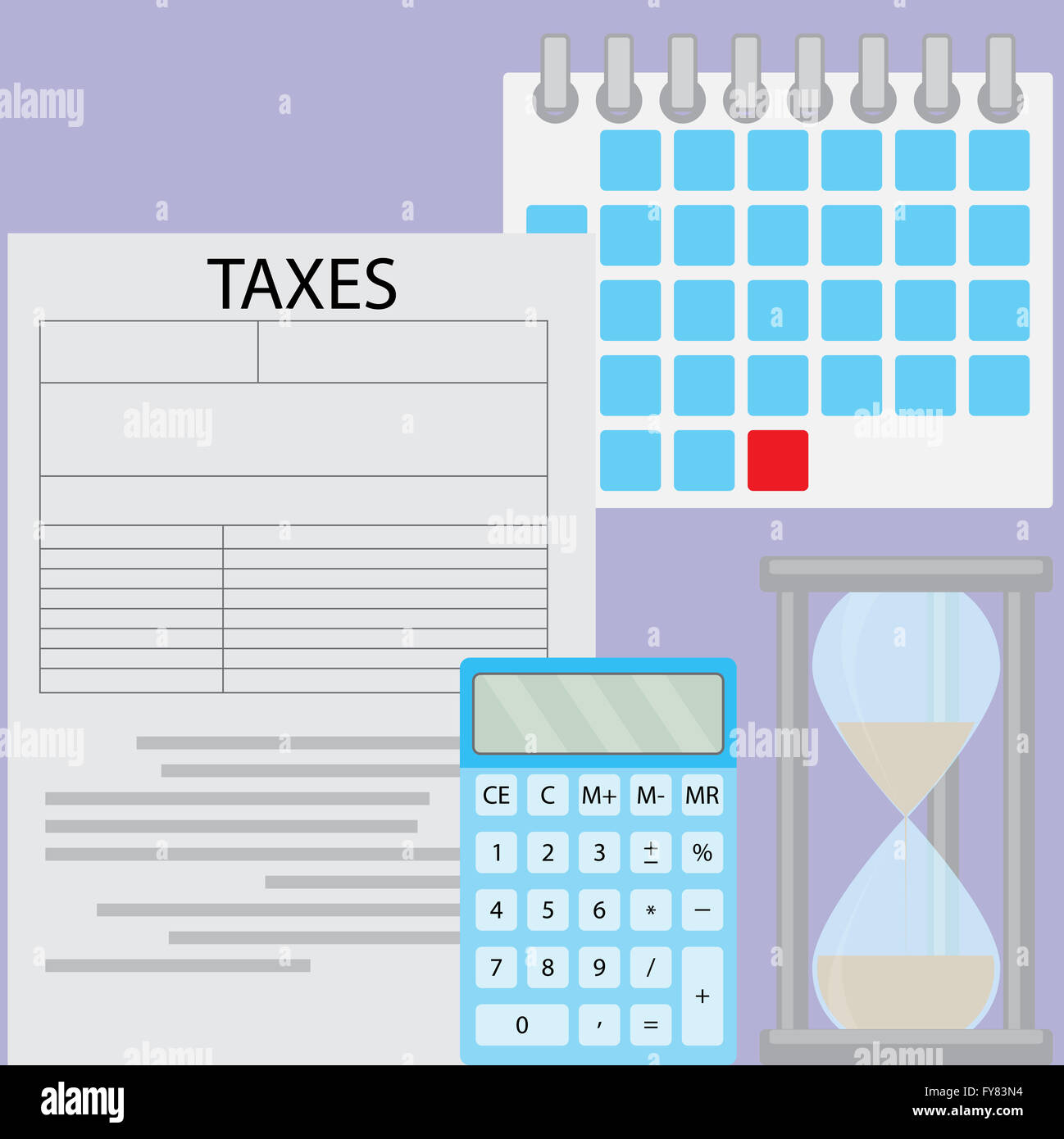 Tax day deadline. Document tax and time for pay and calculation tax, calendar data and counting calculate budget. Vector flat de Stock Photo