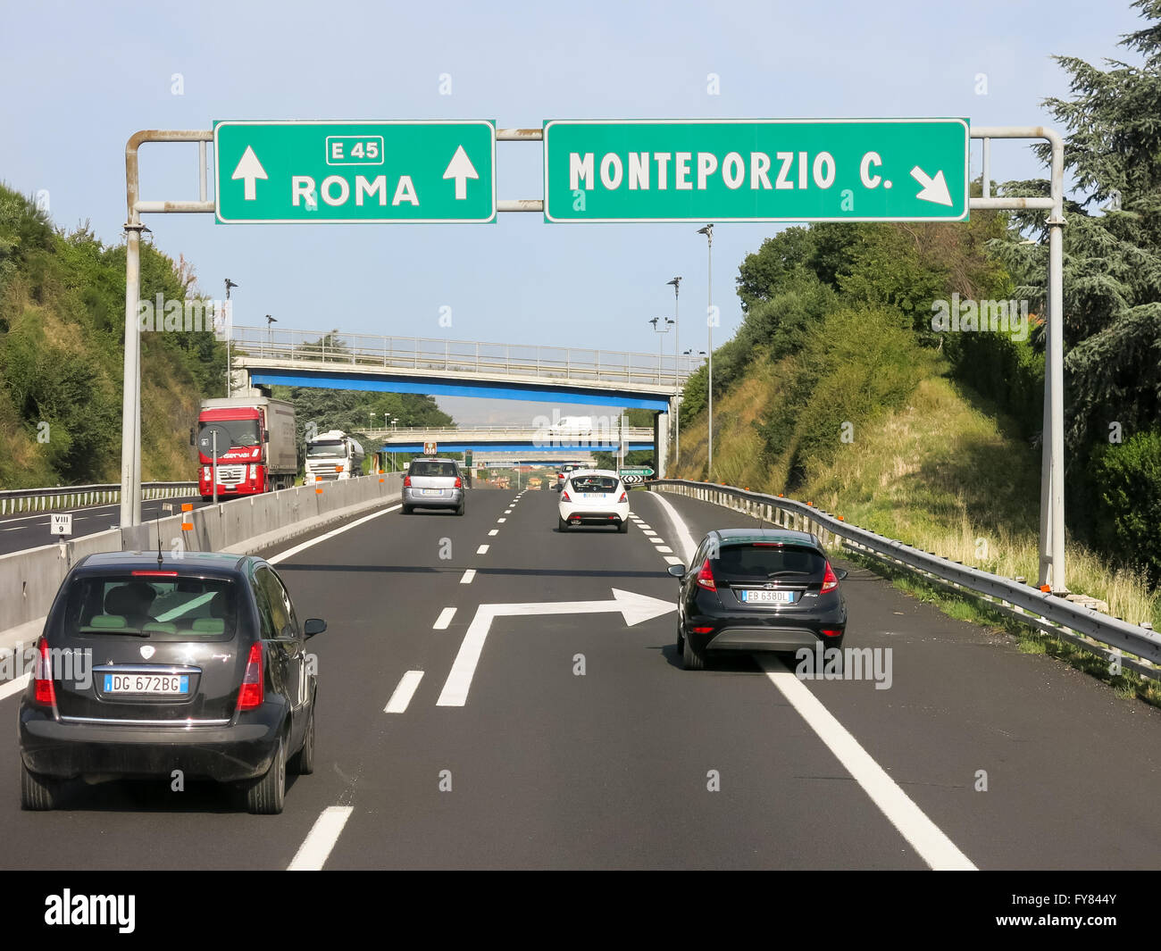 Traffic on Italian Autostrada (highway, motorway) near Rome in Lazio, Italy Stock Photo