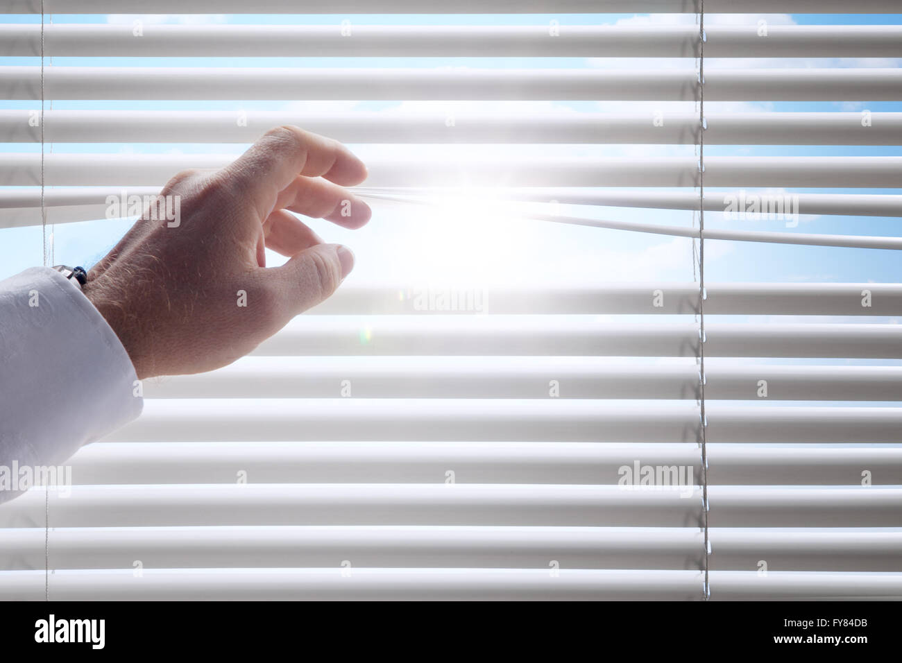 close up view of man's head spreading blinds and sunny background Stock Photo