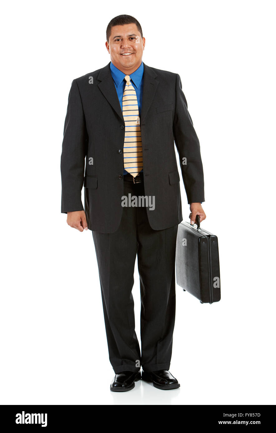 Series of a Hispanic businessman in suit, isolated on white, with props ...
