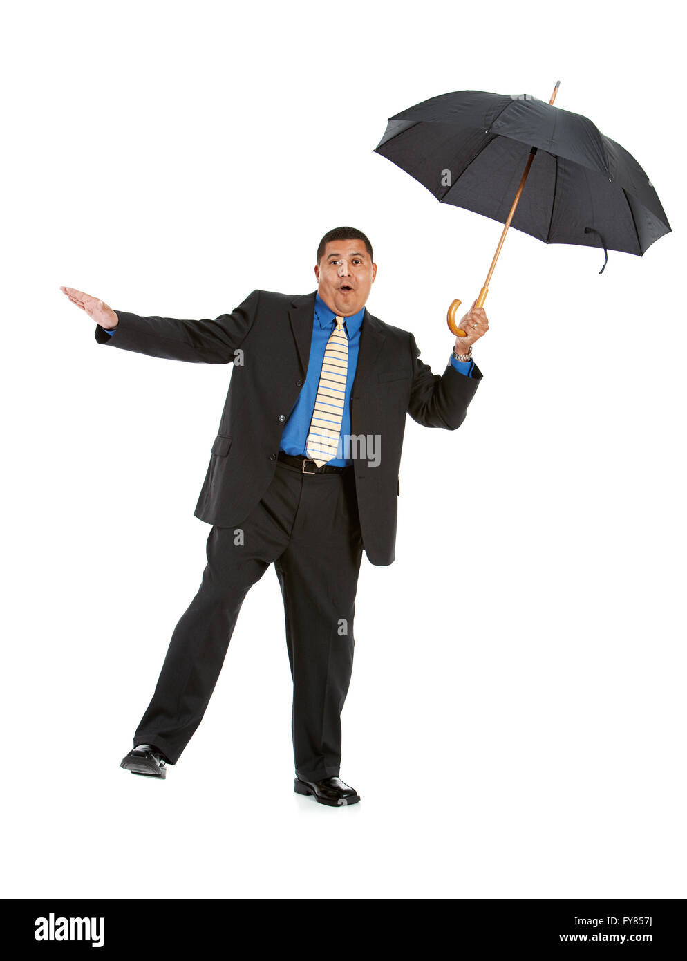 Series of a Hispanic businessman in suit, isolated on white, with props ...