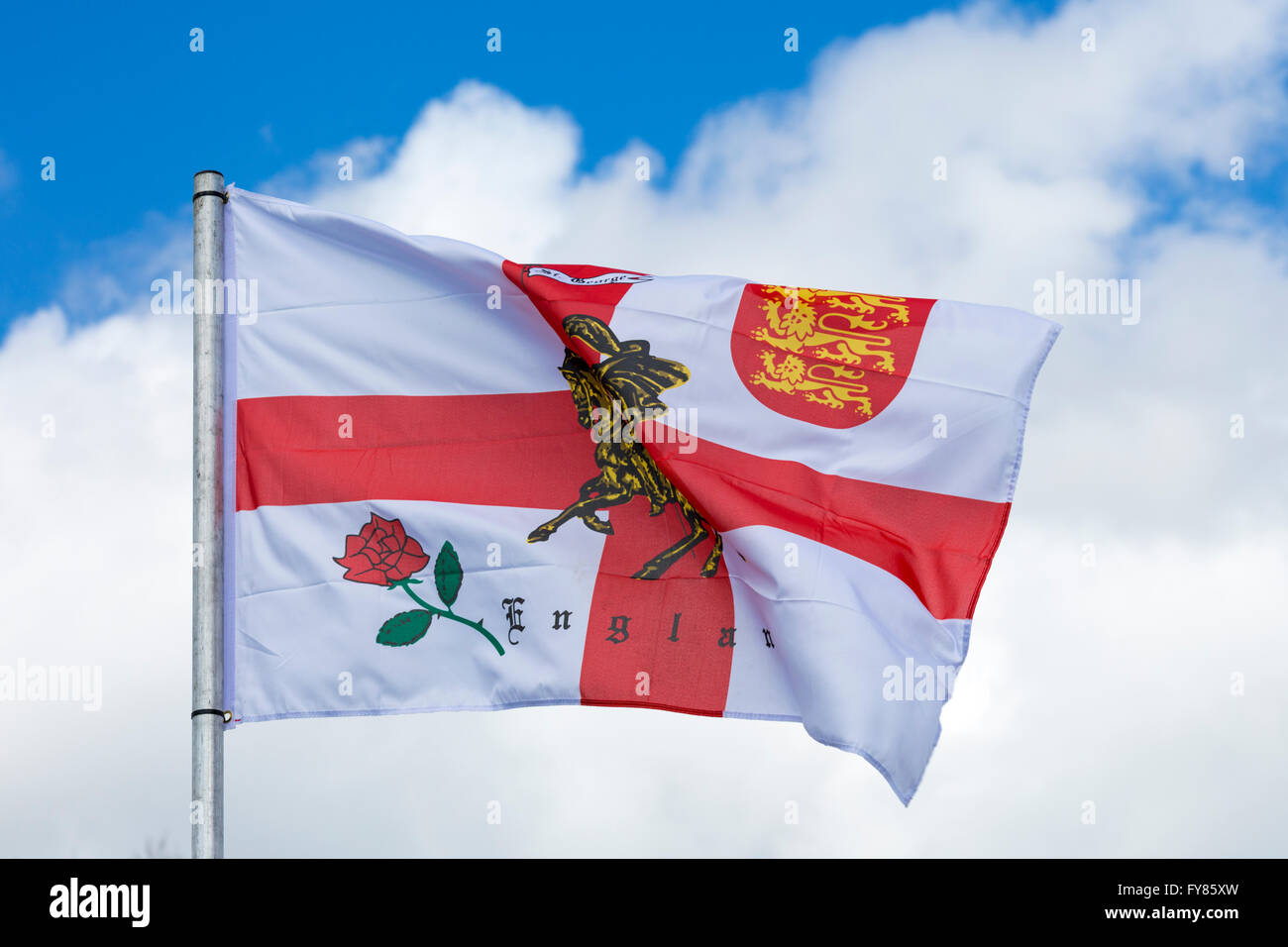 England flag blowing in the wind on St Georges Day Stock Photo