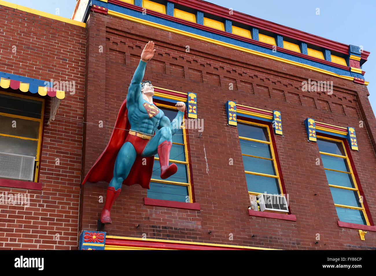 Metropolis, IL, USA – March 25, 2016: Statue of Superman flying outside the Museum and hometown in Metropolis, Illinois Stock Photo
