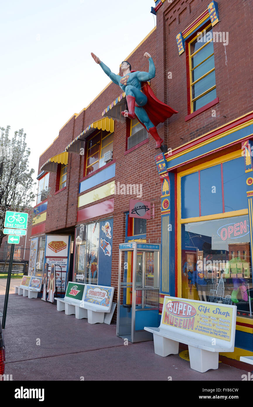 Metropolis, IL, USA – March 25, 2016: Statue of Superman flying outside the Museum and hometown in Metropolis, Illinois Stock Photo