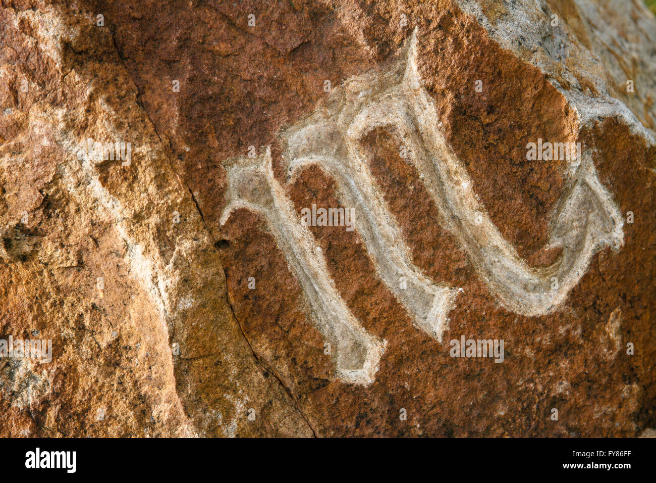 Zodiac sign of scorpio engraved on sandstone rock. Stock Photo