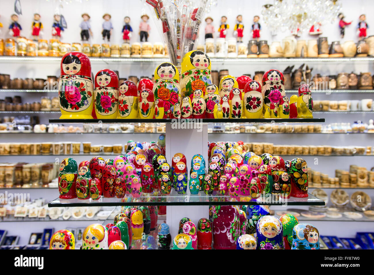 Matryoshka dolls, also known as a Russian nesting doll, or Russian doll for sale at a souvenir shop Stock Photo