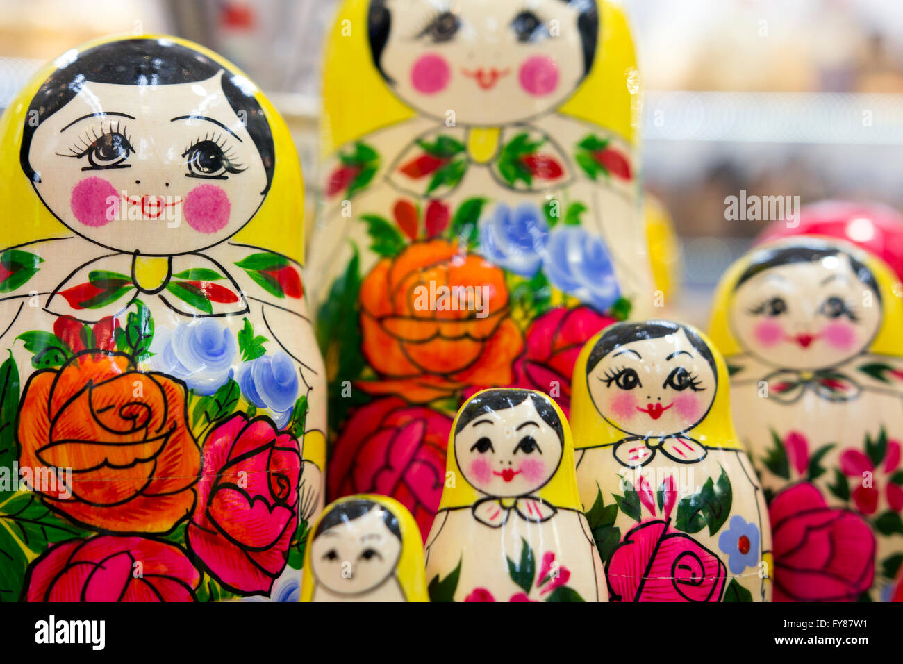 Matryoshka dolls, also known as a Russian nesting doll, or Russian doll for sale at a souvenir shop Stock Photo