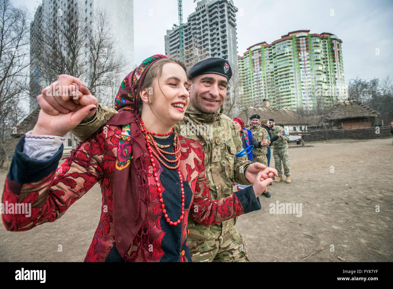 Soldiers of Georgia National Legion (part of Armed Forces of Ukraine) take part in Maslenitsa festivities in Mamayeva Sloboda, Kyiv, Ukraine (Photo by Oleksandr Rupeta) Stock Photo